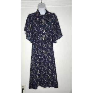 Max Studio Dress Womens Large Navy Floral Tie Neck Flutter Sleeve Midi A Line
